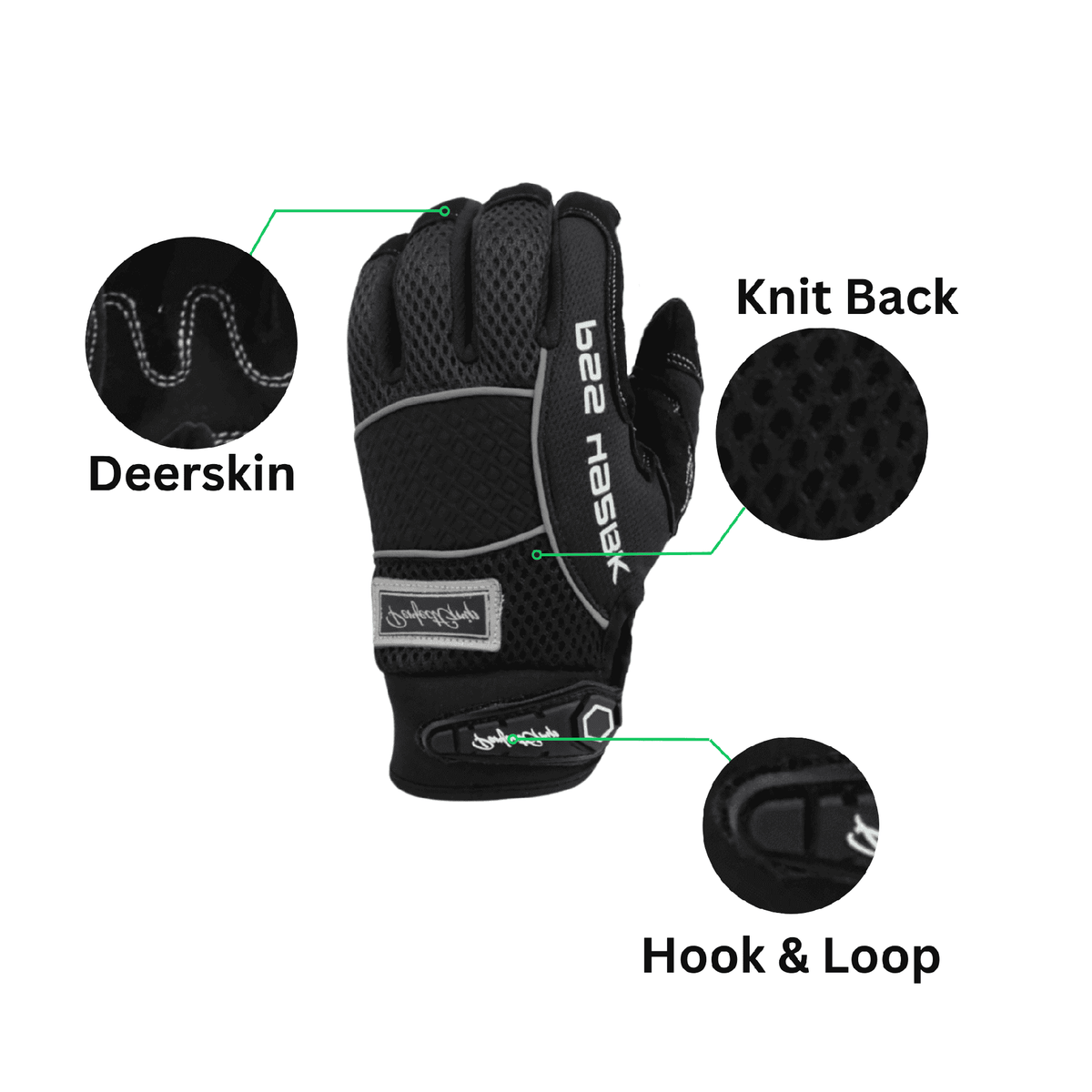 black deerskin, knit back, and hook and loop