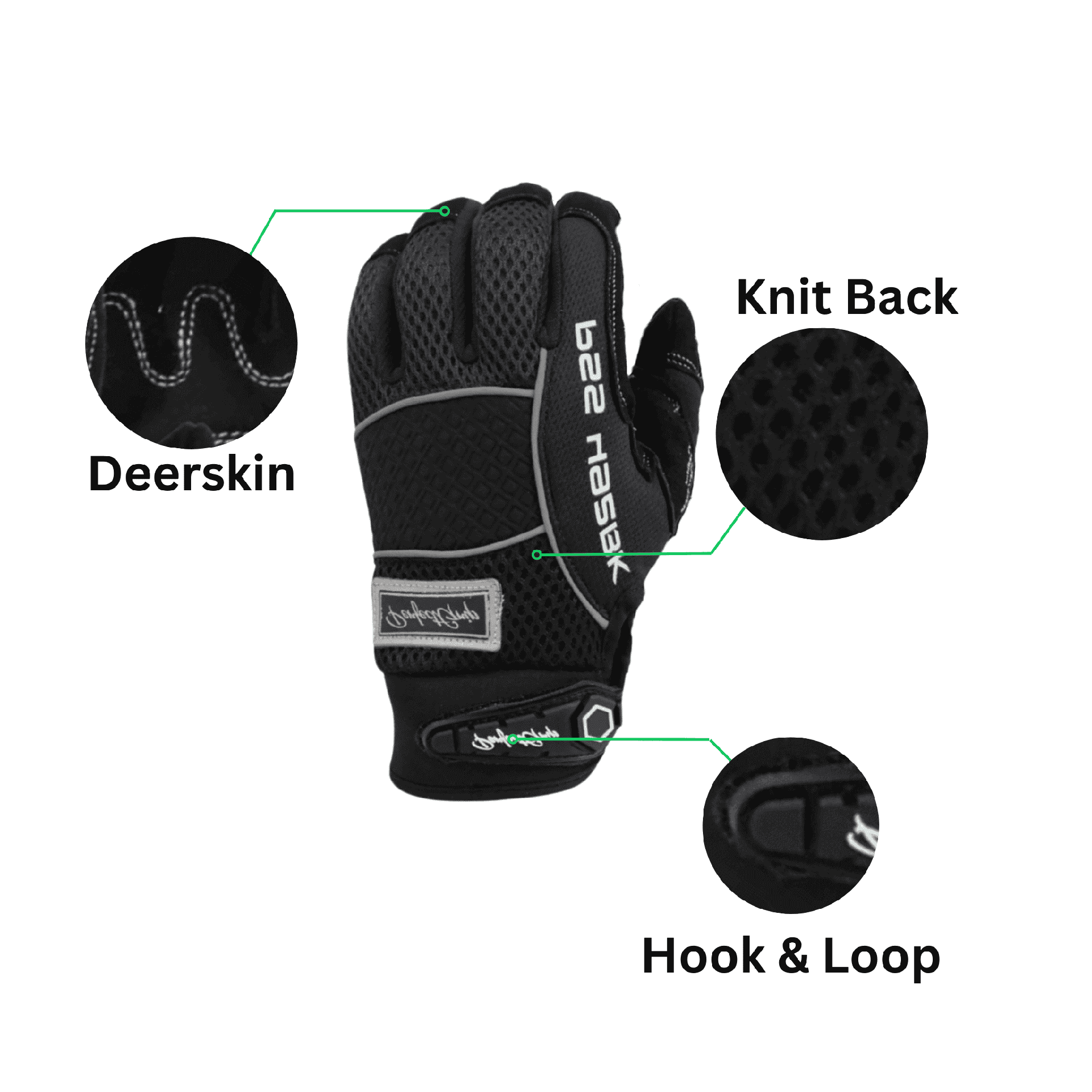 black deerskin, knit back, and hook and loop