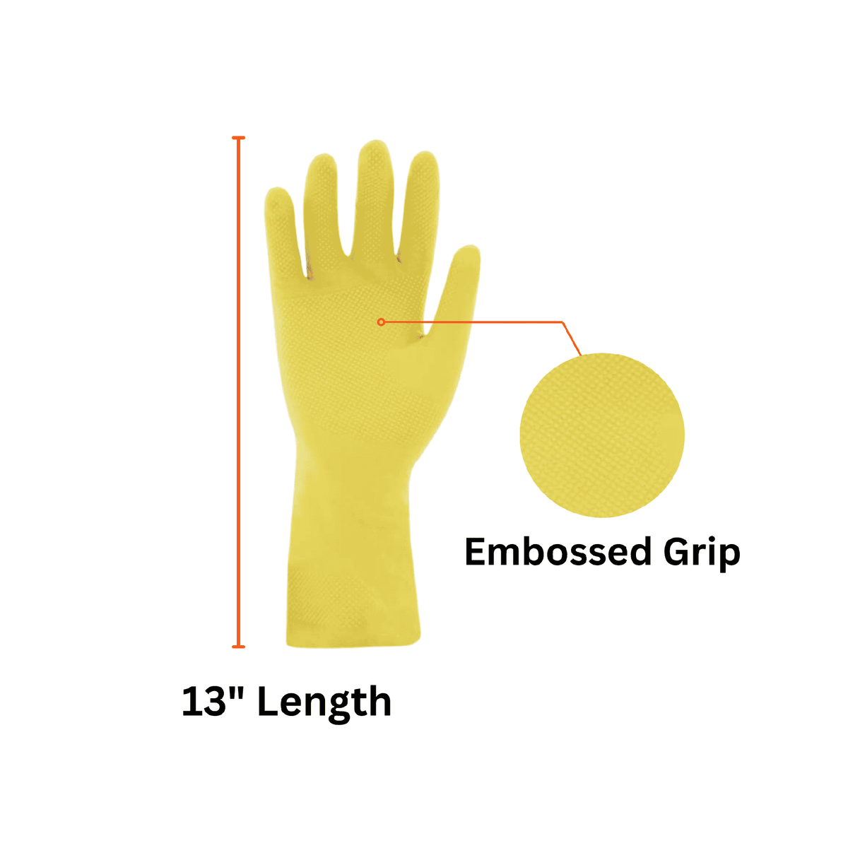 Yellow Latex Rubber Gloves Length and Embossed Grip