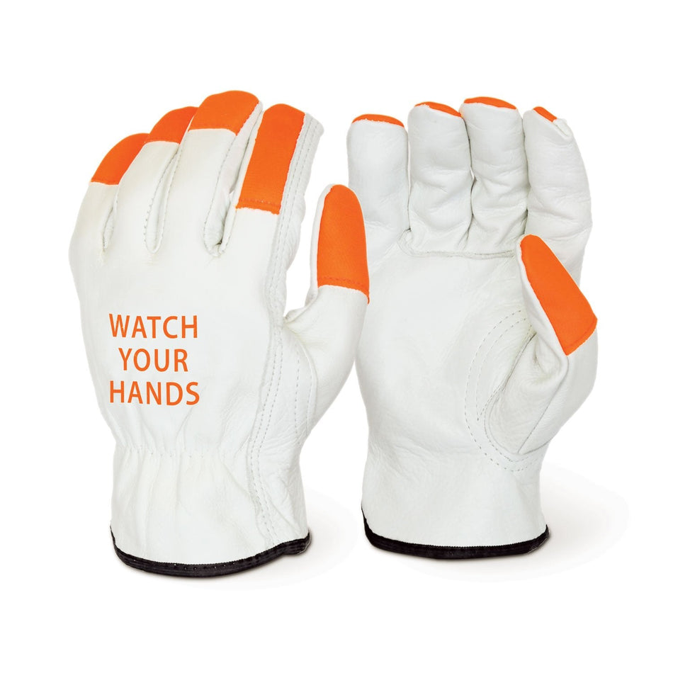 Leather Work Gloves – Hi-Vis Grain Cowhide with Keystone Thumb and Fluorescent Fingertips