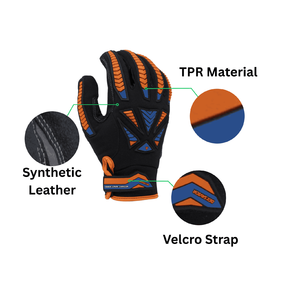 tpr material, synthetic leather, and velcro strap mechanic glove