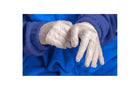 a sanitation worker wearing clear vinyl gloves
