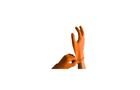 A person wearing orange nitrile disposable gloves
