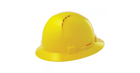 A yellow full brim vented safety helmet