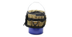 Brown tool bag over blue bucket