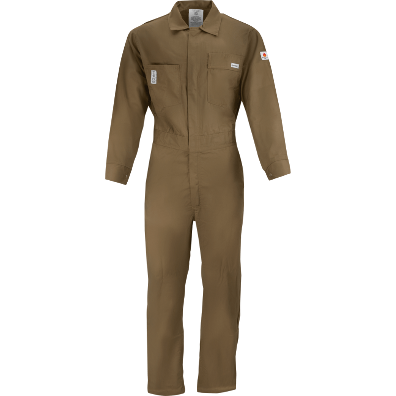 7 oz. Khaki Flame Retardant Coverall with Elastic Waist and Adjustable Sleeve Cuffs