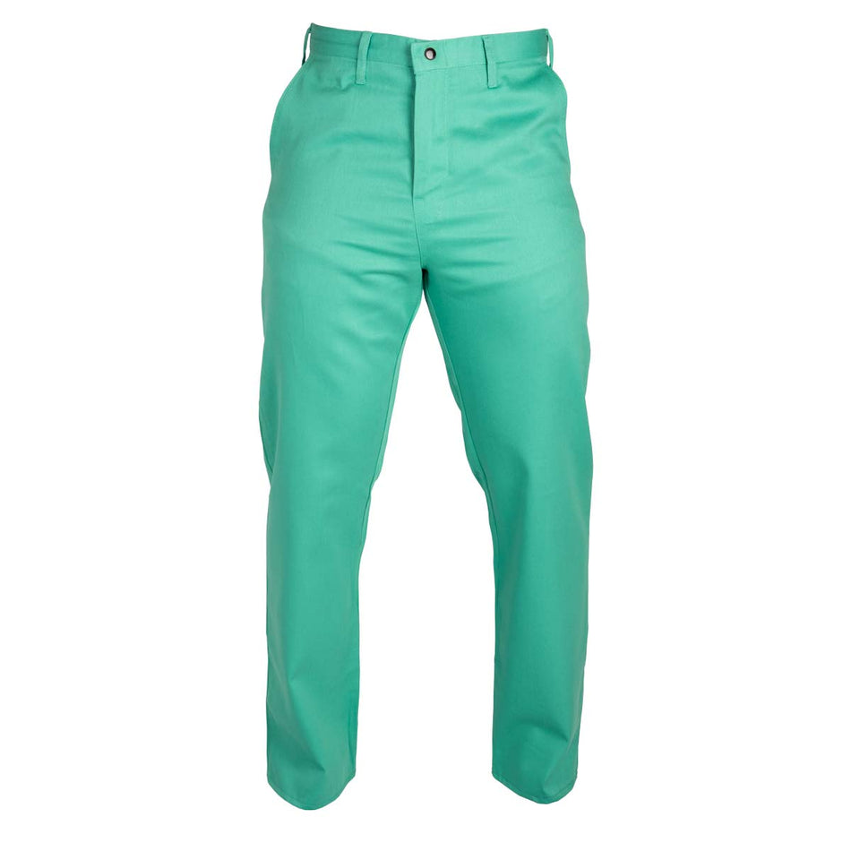 FR Work Pants, 9 Oz Green Cotton, Zipper Closure