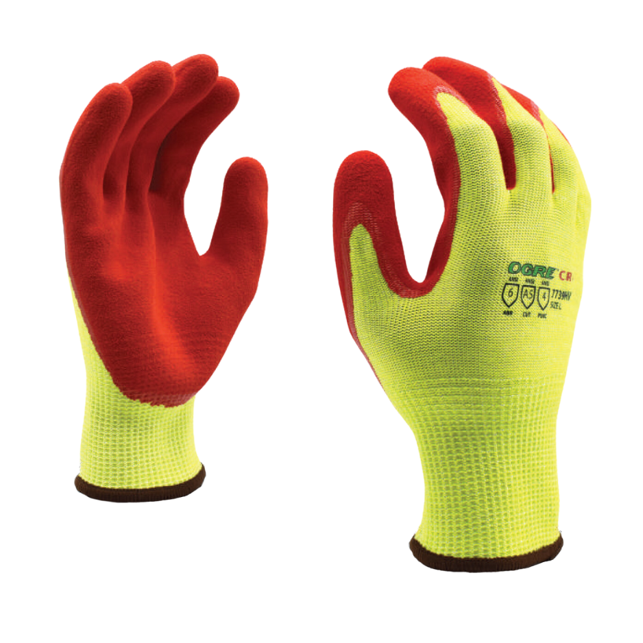 OGRE CR+ Gloves, Hi-Vis Yellow Red Sandy Nitrile Palm Coating