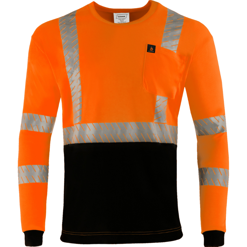 Class 3 Flame Retardant Long Sleeve, Black Bottom Shirt (Hi Vis Orange)