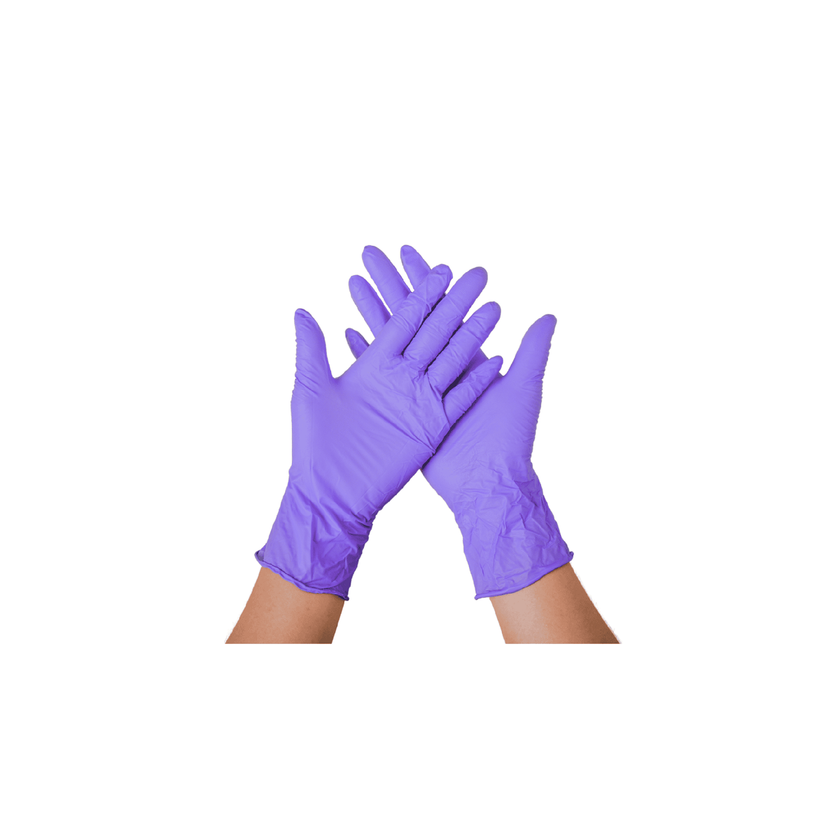 purple nitrile gloves hands together