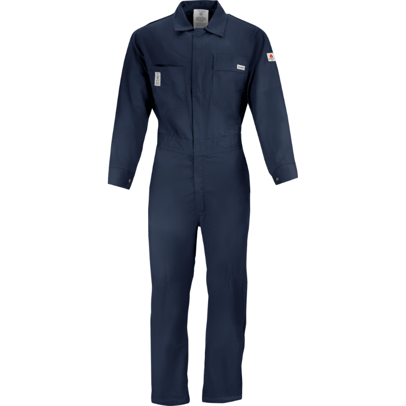 7 oz. Navy Blue Flame Retardant Coverall with Elastic Waist and Adjustable Sleeve Cuffs