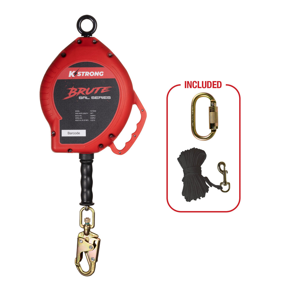 50 ft. Cable SRL with snap hook. Includes installation carabiner and tagline (ANSI)