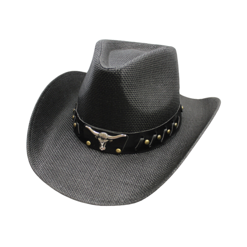 Black Cowboy Hat with Bull Emblem and Studs on Leather Band