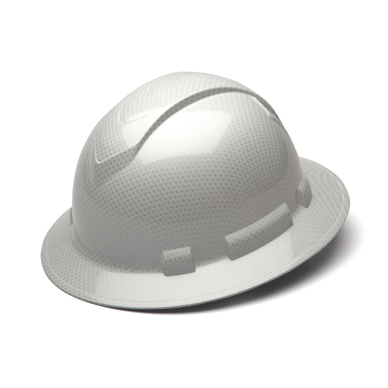 Shiny White Graphite Pyramex Ridgeline Full Brim Hard Hat 4-Point Ratchet Suspension