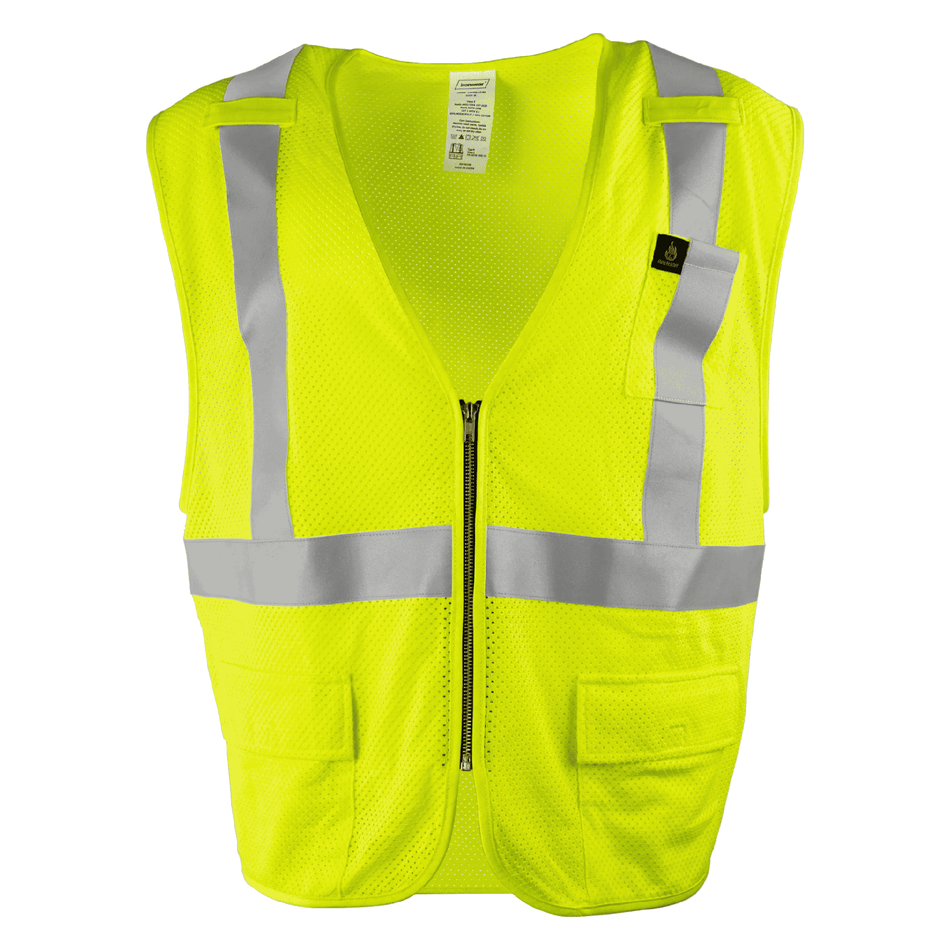 Flame Resistant Safety Vest - Class 2 Hi-Vis Modacrylic Mesh with Pockets