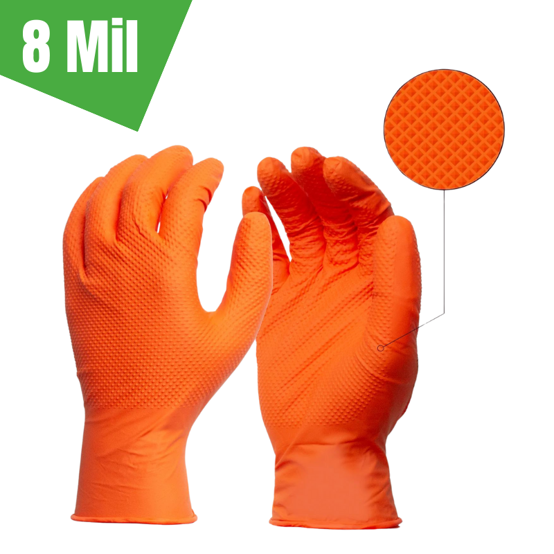 Diamond Grip Gloves – 8 Mil Orange Powder-Free Nitrile Disposable Gloves (100/Box)