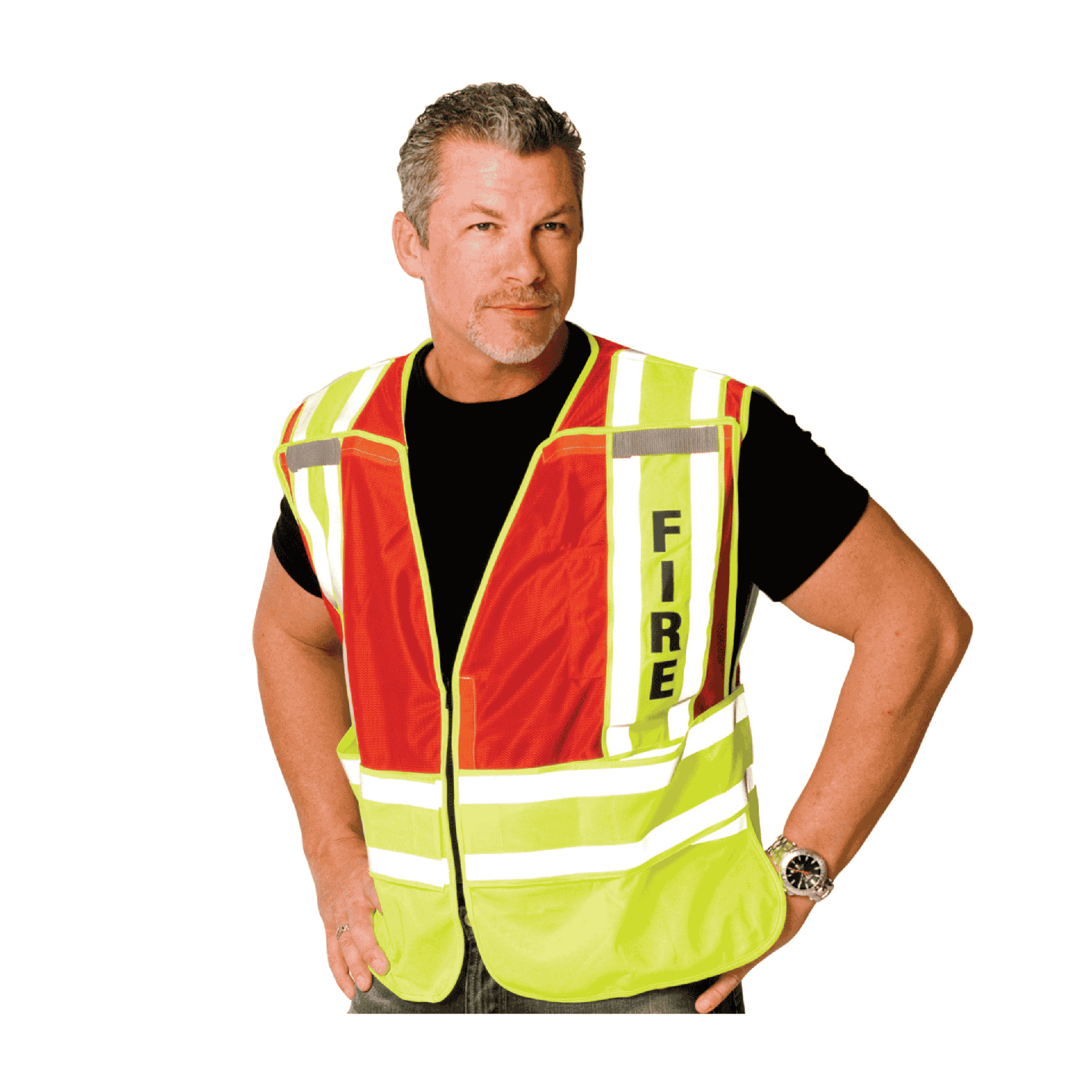 A man wearing a fire safety vest