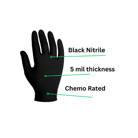 black nitrile gloves with 5 mil thickness and chemo rate
