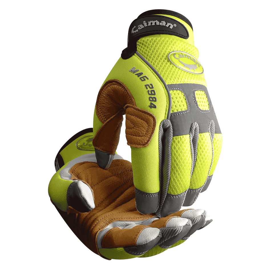 Caiman Mechanic Safety Gloves – Hi-Vis Goat Grain Leather Rappelling Gloves