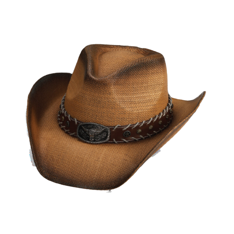 Brown Cowboy Hat with Bull Emblem on Laced Leather